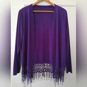 💜 Matana 3‑Piece Purple Cardigan Set – M – Crochet‑Look Hem & Fringe Detail